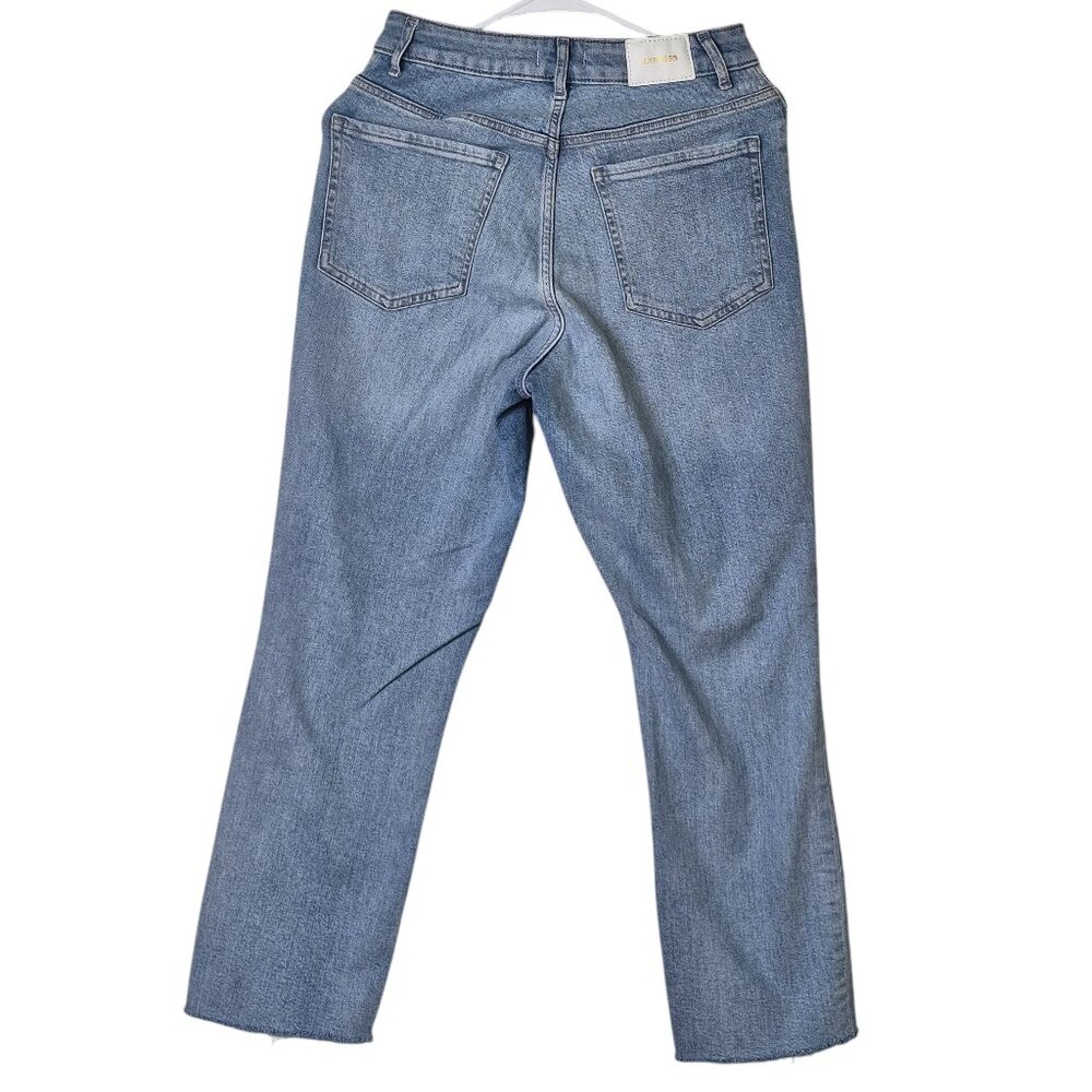 Express Curvy Mom Jeans Super High Rise Size 6 Med Wash Ripped Raw Hem Ankle - Picture 2 of 9